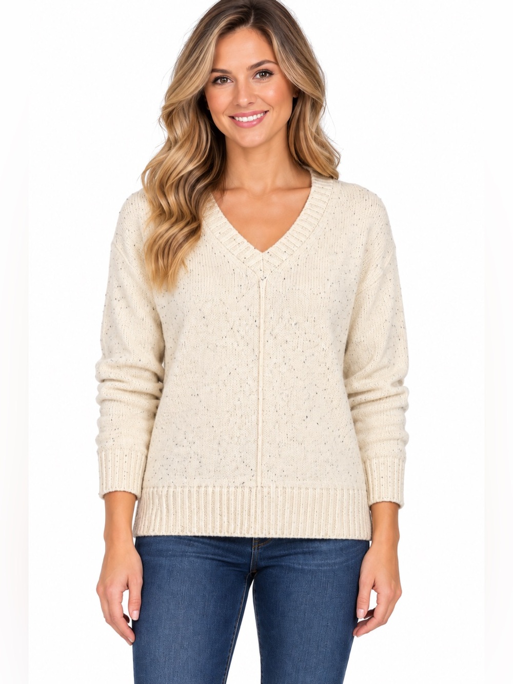 Tahari Women’s Small Ivory Speckled Knit V-Neck Sweater Long Sleeve